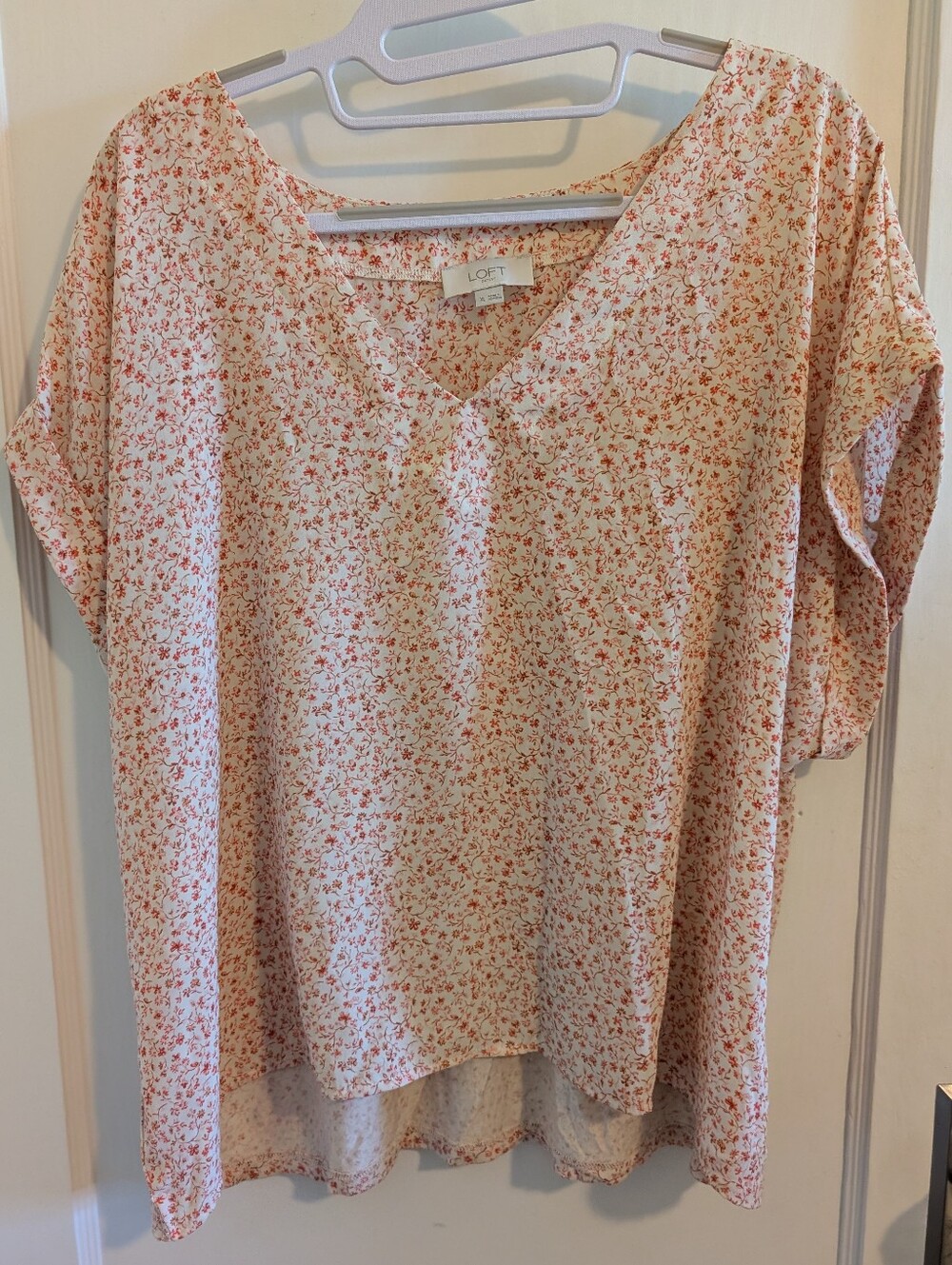 LOFT Women's Cream Blouse with Pink Floral Print